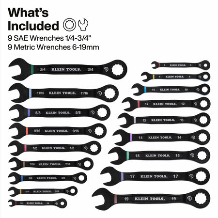 A component breakdown image detailing the full 18-piece set, which includes SAE wrenches ranging from 1/4-inch to 3/4-inch and Metric wrenches ranging from 6mm to 19mm, all featuring 12-point ratcheting box ends and open ends.