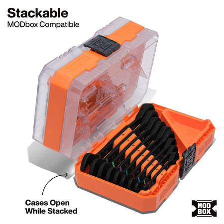 A product view of a Metric wrench set nested inside an orange MODbox accessory case, demonstrating the stackable modular design that allows the clear protective lid to open fully even when multiple storage units are stacked together.