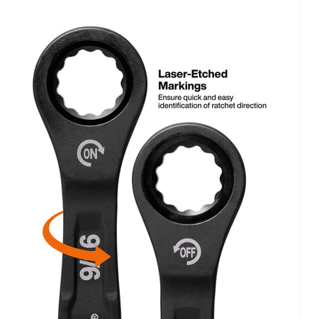 Detailed view of the ratcheting box ends featuring high-visibility laser-etched "ON" and "OFF" directional markings, ensuring quick and easy identification of the ratchet rotation for more efficient fastening.