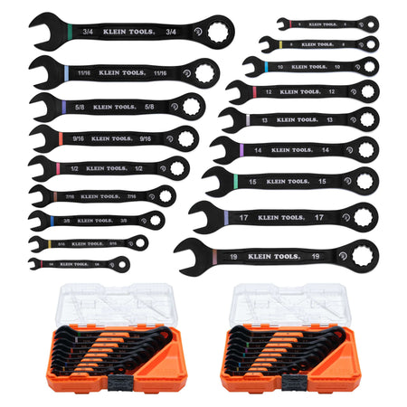 A final product group shot featuring the complete 18-piece Klein Tools SAE and Metric ratcheting combination wrench set and its two durable orange MODbox modular storage cases, emphasizing the professional-grade black finish and ergonomic design.