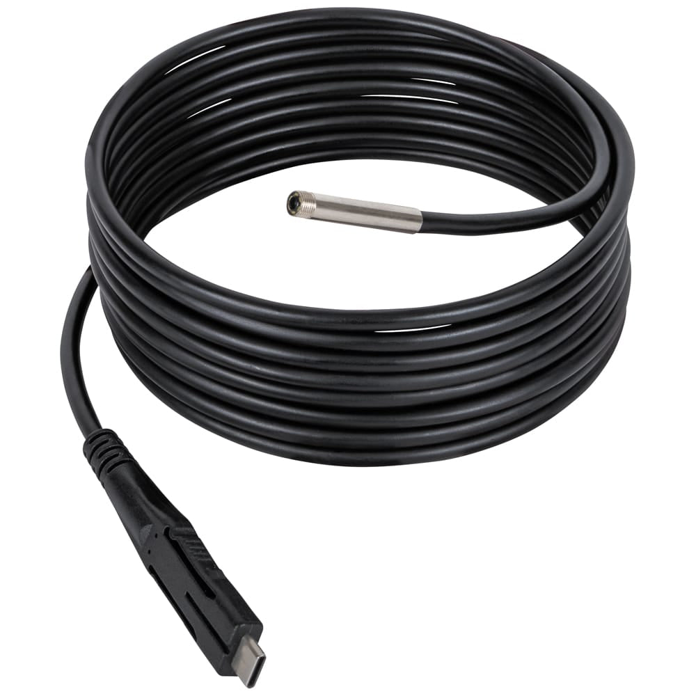 A studio product view of the Klein Tools 69462 replacement borescope snake. The image features a coiled 9.8-foot nylon-armored cable with a professional USB-C connector at one end and a high-definition 5.5mm camera head at the other for deep industrial inspections.