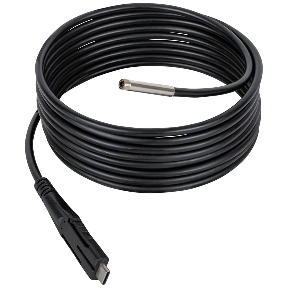 A studio product view of the Klein Tools 69462 replacement borescope snake. The image features a coiled 9.8-foot nylon-armored cable with a professional USB-C connector at one end and a high-definition 5.5mm camera head at the other for deep industrial inspections.