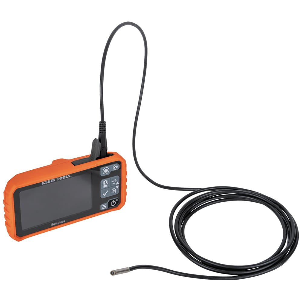 The 69462 replacement snake connected to a Klein Tools ET17 handheld monitor unit. This perspective highlights the secure USB-C interface and the 9.8-foot gooseneck cable designed for navigating tight bends in electrical conduits and plumbing systems.