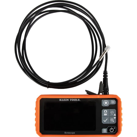 Overhead view of the complete 69462 inspection probe assembly. The image showcases the long-reach 9.8-foot nylon snake coiled above the compatible handheld borescope unit, emphasizing its waterproof IP67 rating and professional build quality.