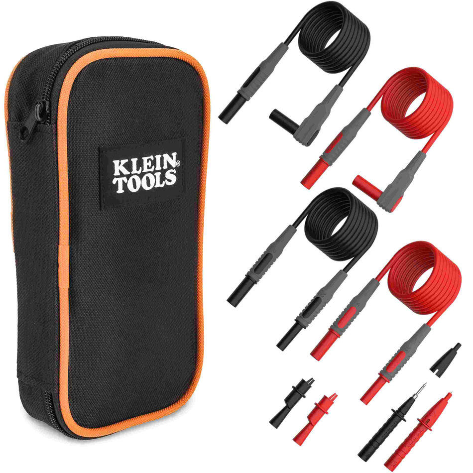 Klein Tools 69483 9-piece meter accessory extension kit featuring a black and orange carrying case alongside professional grade test leads, coiled extension adapters, test lead heads, and alligator clips.