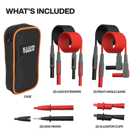 Comprehensive view of what is included in the Klein Tools 69483 kit: one soft carrying case, two coiled lead extenders, two right-angle leads, two removable test lead heads, and two threaded alligator clips.