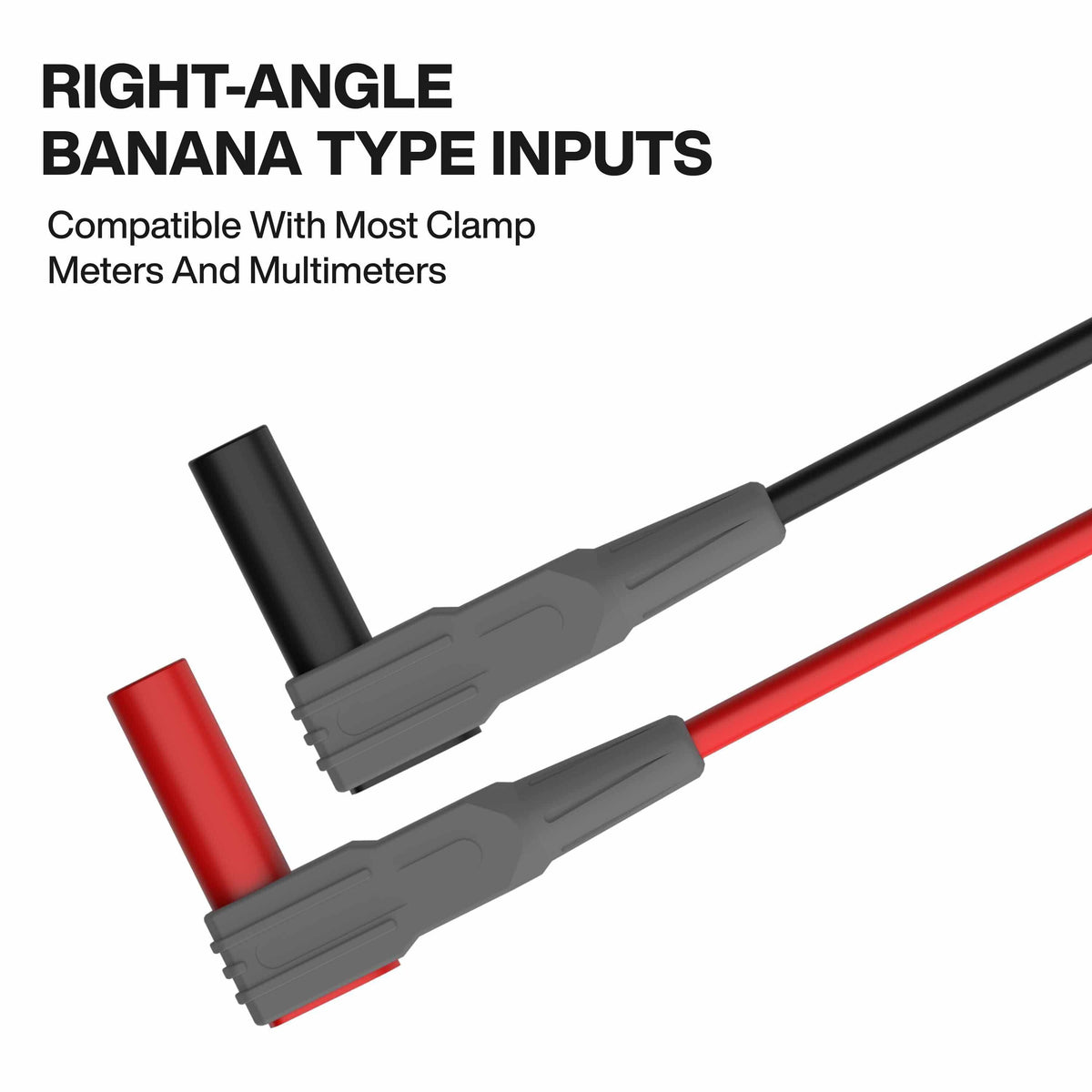 Close-up of the red and black right-angle banana type inputs for the professional test leads, highlighting their universal compatibility with most multimeters and clamp meters.