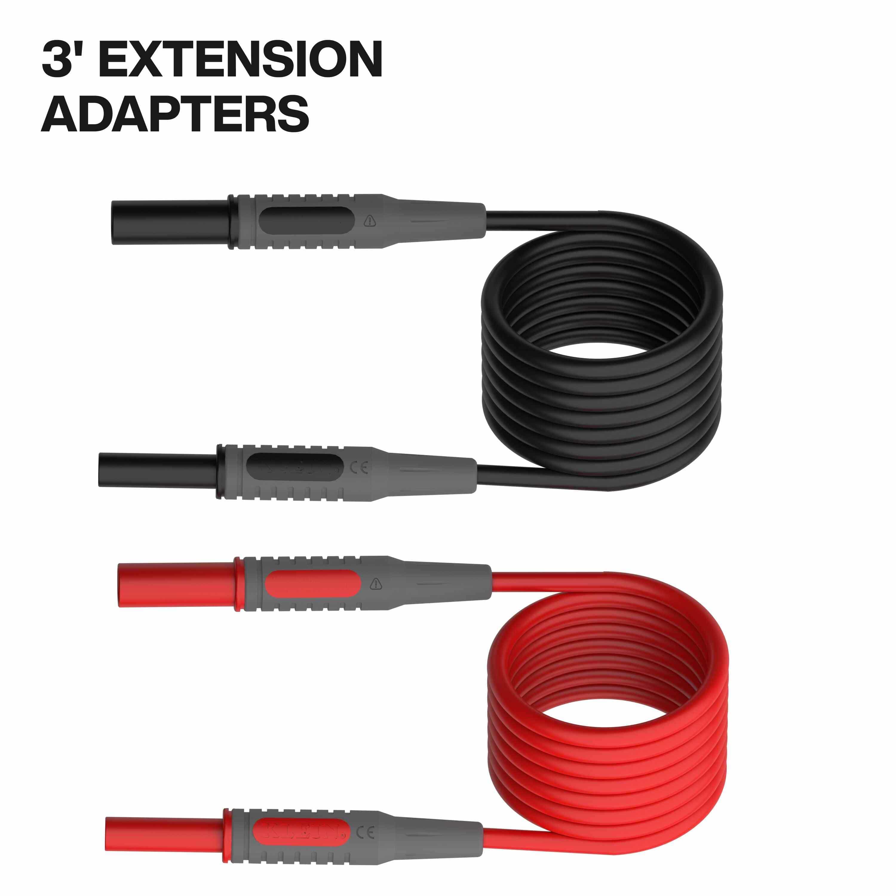Product detail showing two 3-foot lead adapter extenders in red and black, designed to connect to standard banana jacks for extended reach during electrical testing.
