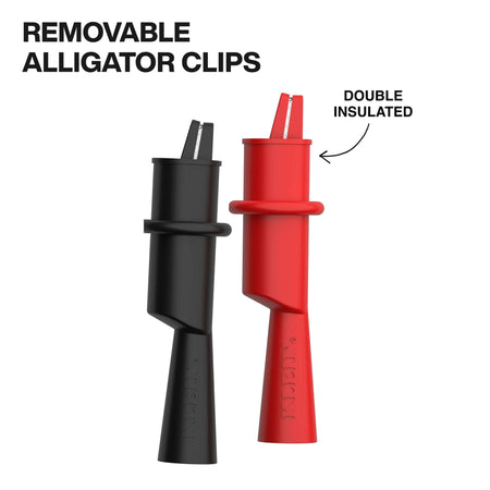 Detailed shot of the red and black removable alligator clips, emphasizing their double-insulated safety design and threaded connection points for secure attachment to test lead tips.