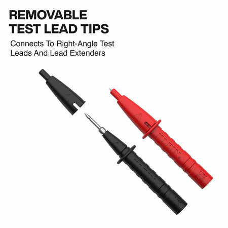 Close-up of the removable universal test lead tips in red and black, showing the modular design that connects seamlessly to right-angle leads and lead extenders.