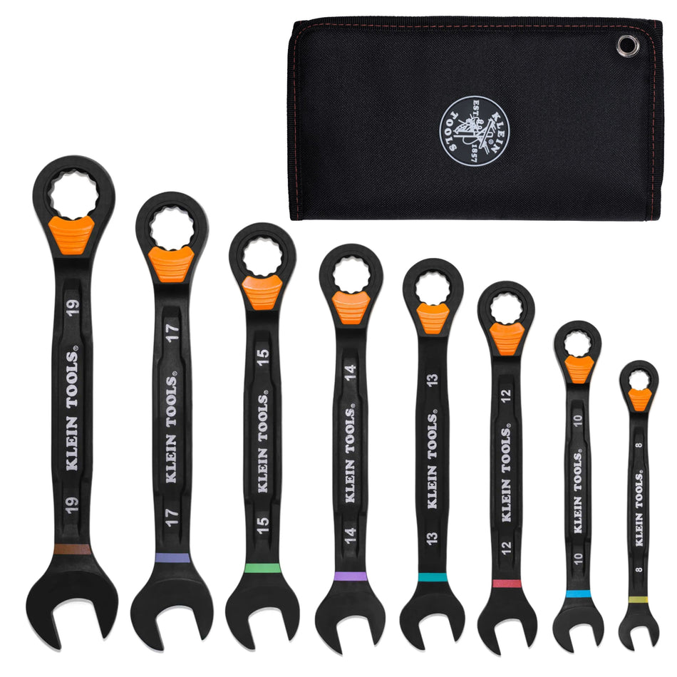 An overhead view of the 8-piece Klein Tools 69508M metric ratcheting combination wrench set arranged by size from 8mm to 19mm, featuring black phosphate finishes, orange slide-lock switches, and a black storage roll pouch with the Klein Tools logo.