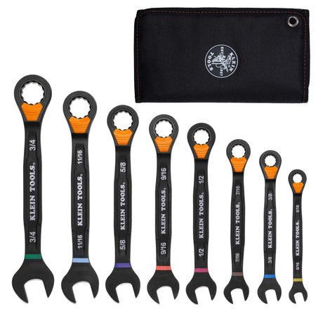 An overhead view of the 8-piece Klein Tools 69508 SAE ratcheting combination wrench set arranged by size from 5/16-inch to 3/4-inch, featuring black phosphate finishes, orange slide-lock switches, and a black storage roll pouch with the Klein Tools logo.