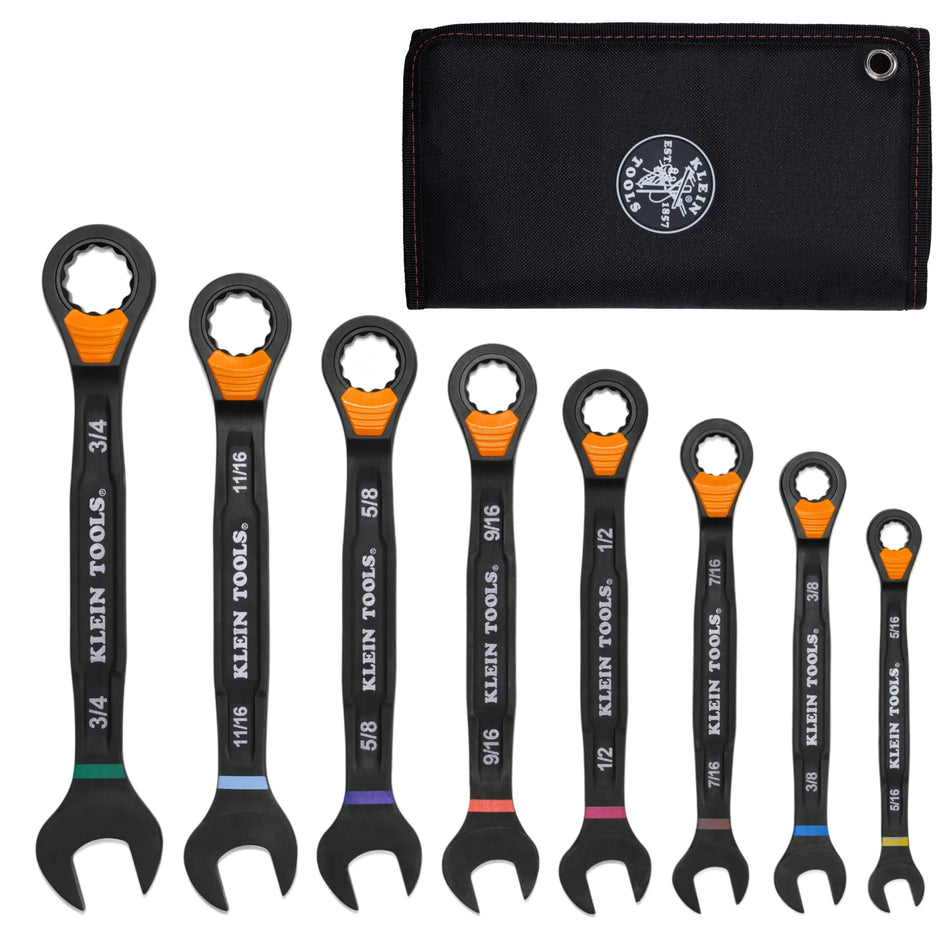 An overhead view of the 8-piece Klein Tools 69508 SAE ratcheting combination wrench set arranged by size from 5/16-inch to 3/4-inch, featuring black phosphate finishes, orange slide-lock switches, and a black storage roll pouch with the Klein Tools logo.