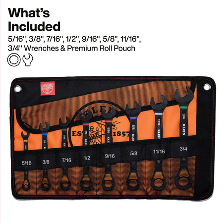 The 69508 wrench set displayed inside its premium orange and black mesh roll pouch, showing the organized pockets for the 5/16", 3/8", 7/16", 1/2", 9/16", 5/8", 11/16", and 3/4" SAE wrenches.