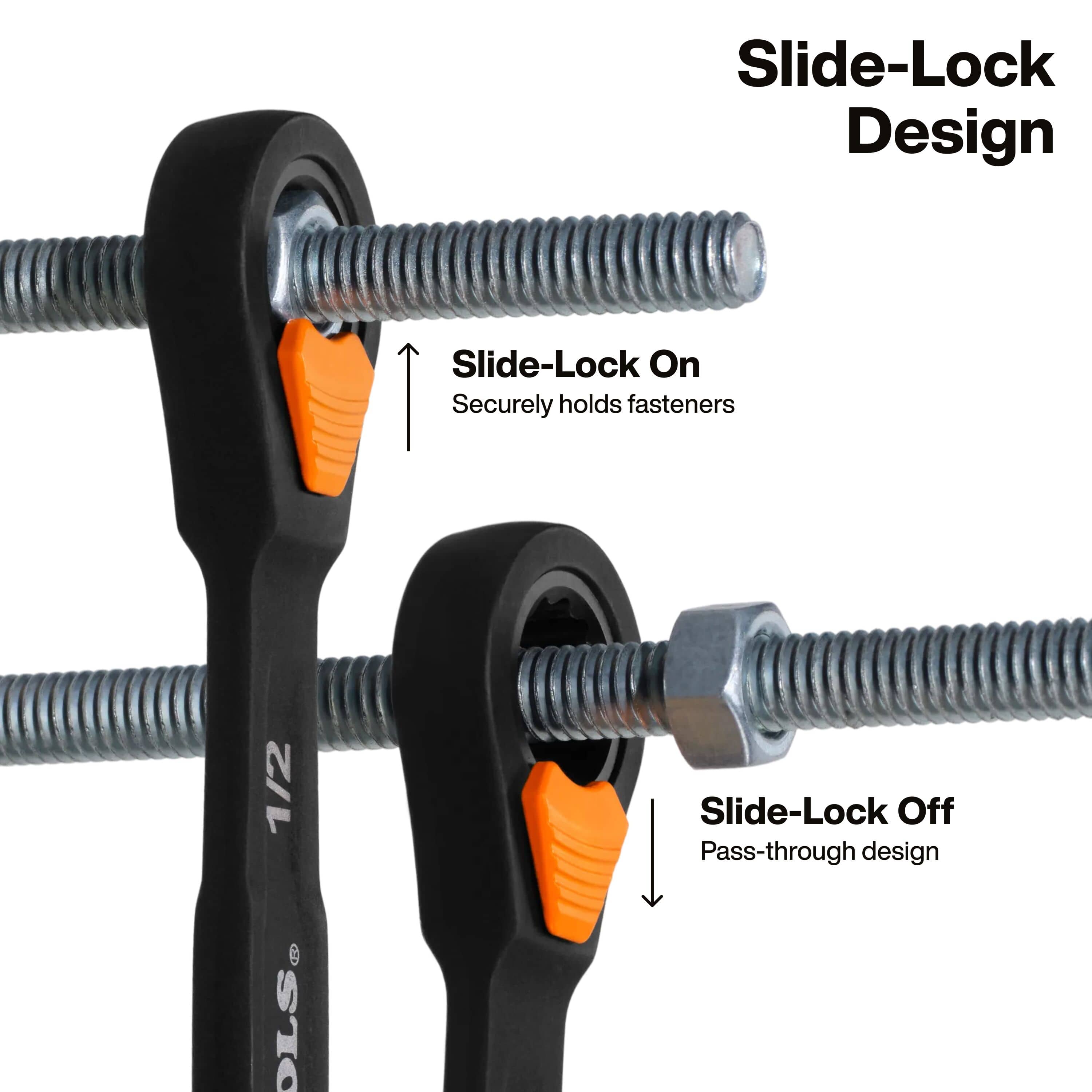 A technical comparison of the Slide-Lock design; the top view shows the Slide-Lock engaged to securely hold a fastener, while the bottom view shows it disengaged for a hollow pass-through design on a threaded rod.