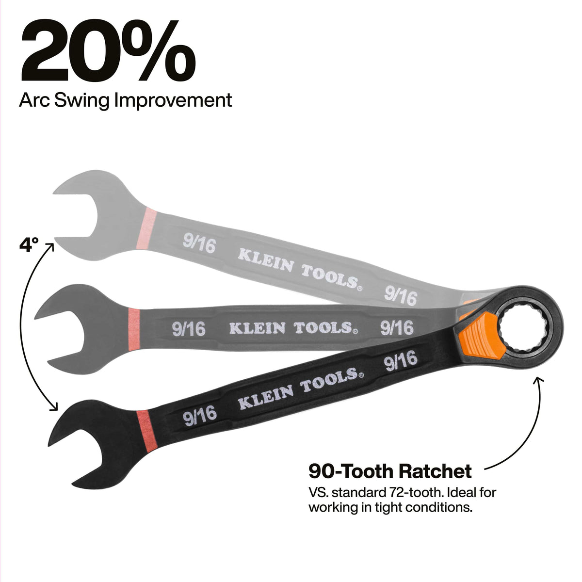 A graphic demonstrating the 20% arc swing improvement of the 90-tooth ratchet, showing a 4-degree movement range compared to standard 72-tooth wrenches, ideal for high-productivity work in tight conditions.