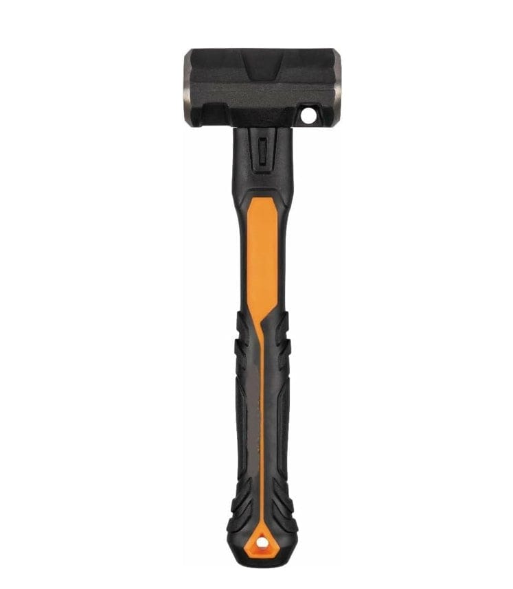 Full view of the Klein Tools 6 Lb Sledgehammer against a clean white background, showcasing its black head and orange and black handle with the integrated holes.