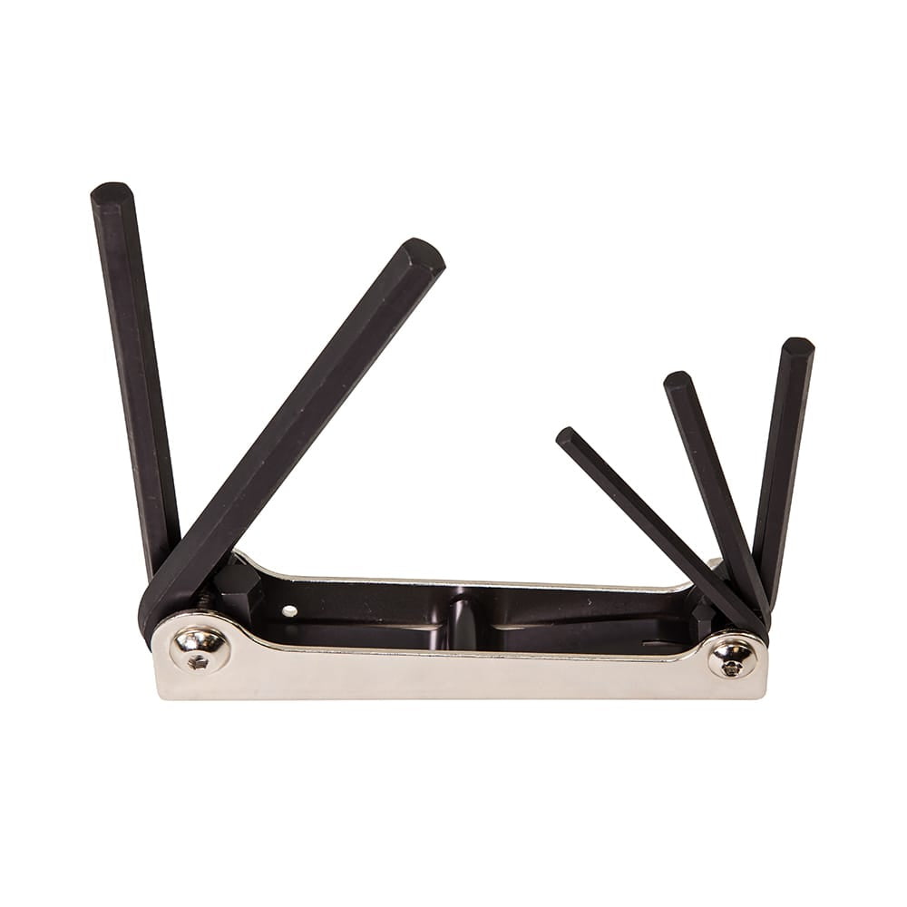 Klein Tools 70579 folding hex key set with five SAE sizes extended from a durable silver handle, showcasing the alloy steel construction and compact design for industrial fastening.