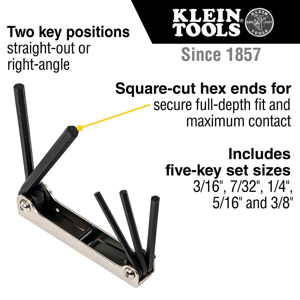 Infographic of the Klein Tools 5-key folding hex set highlighting two key positions for straight-out or right-angle leverage, square-cut hex ends for secure full-depth fit, and included SAE sizes from 3/16 inch to 3/8 inch.