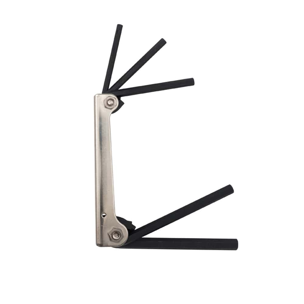 Side view of the Klein Tools 70579 pocket-sized folding hex key tool with keys partially fanned out, illustrating the compact portability and rugged steel handle for jobsite durability.