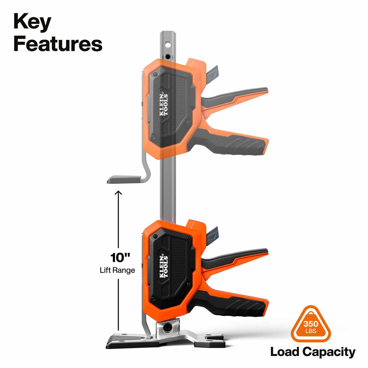 An infographic highlighting the key features of the construction jack, showing a 10-inch lift range for vertical travel and a maximum load capacity of 350 lbs. for heavy material handling.