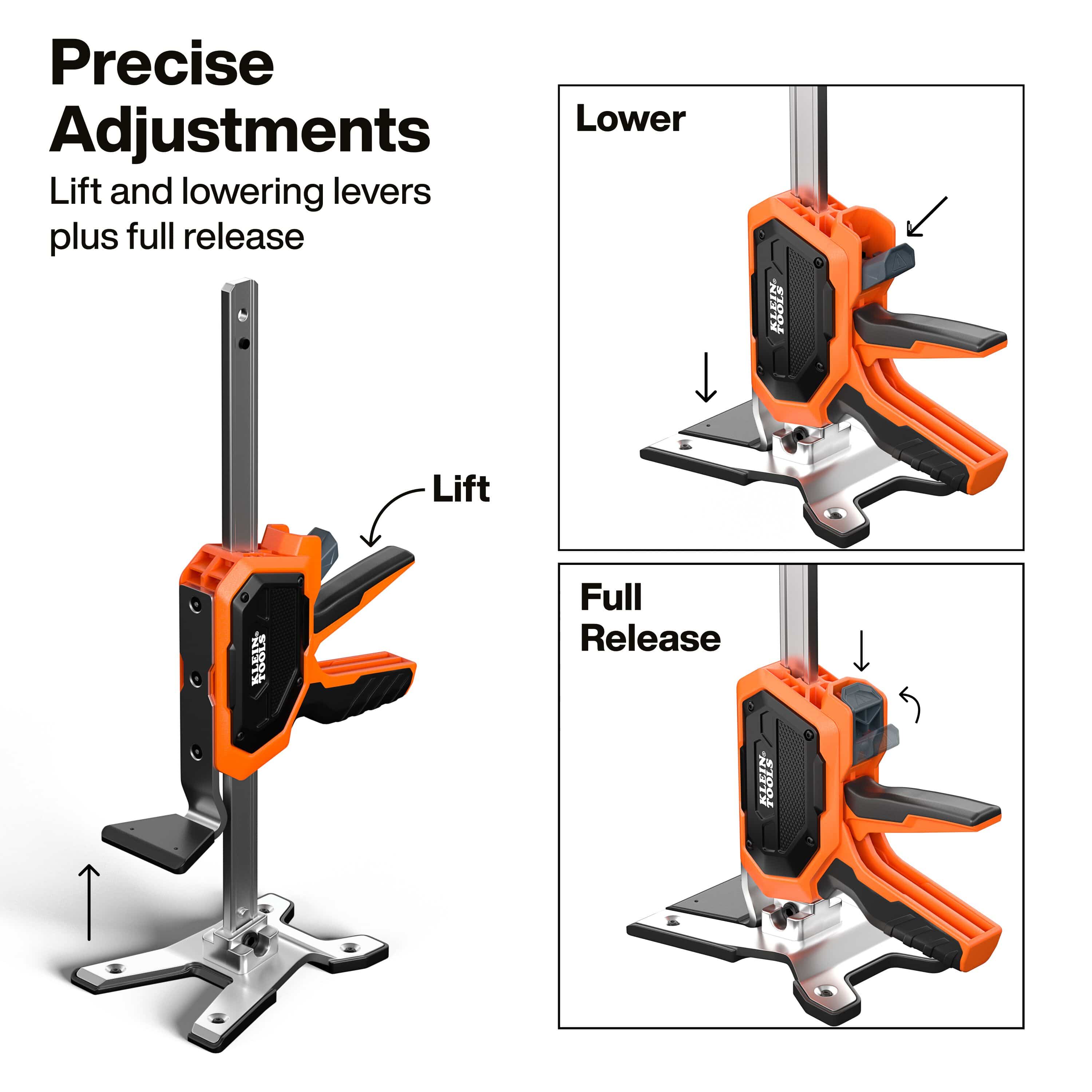 A technical diagram illustrating the precise adjustment controls of the Klein Tools jack, including the lift lever, micro-incremental lowering lever, and the full quick-release mechanism for rapid height adjustments.