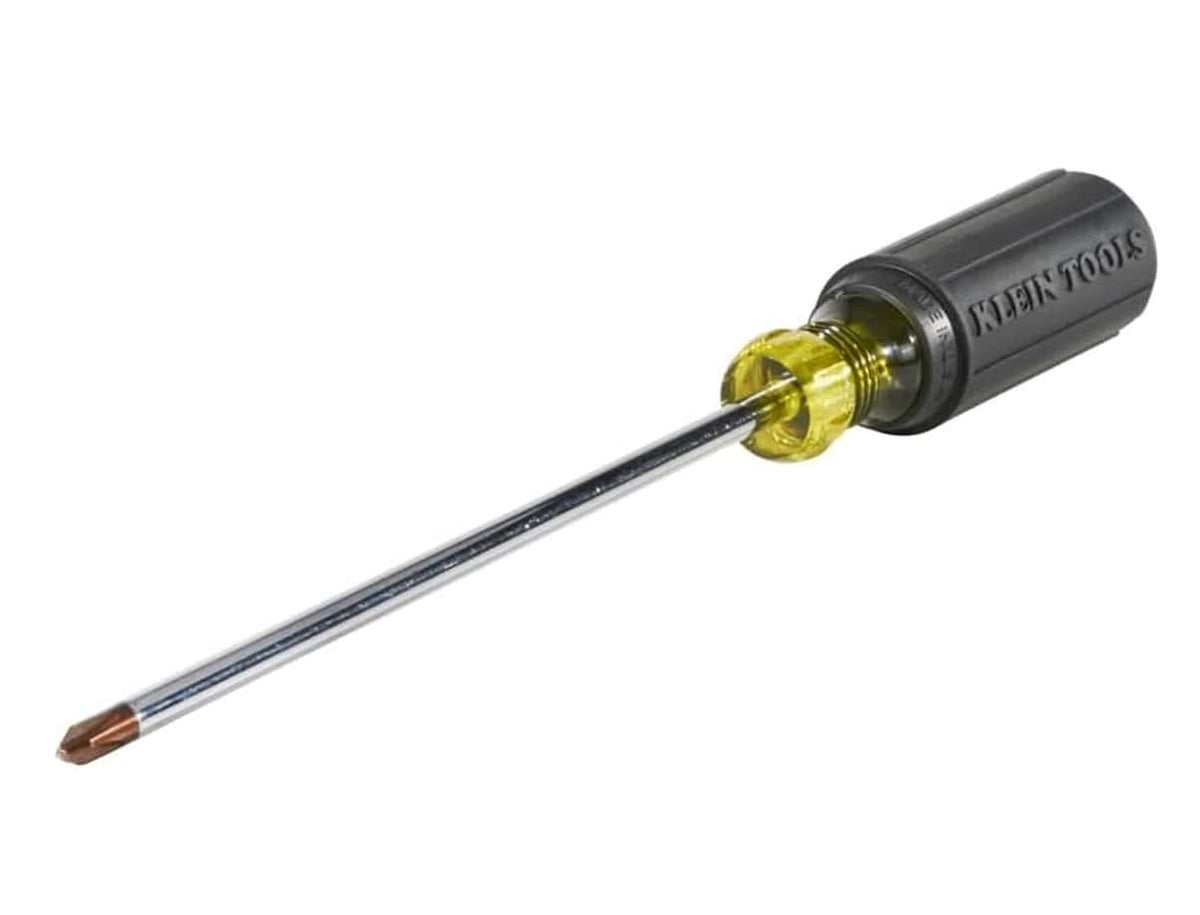Angled perspective of the screwdriver showing the full 7-inch round shank extending from the black rubber grip to the number 2 Phillips tip.