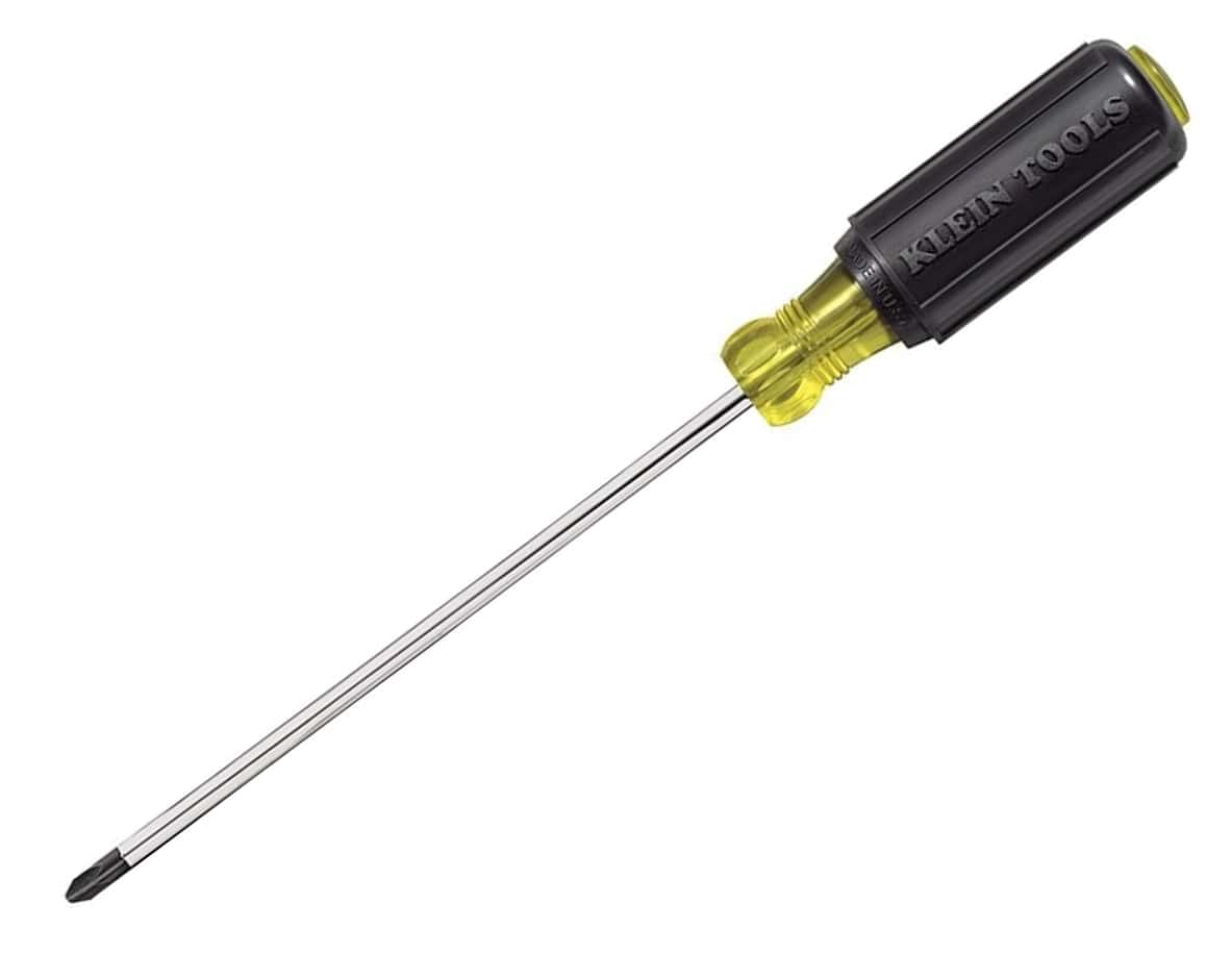 Studio view of the Klein Tools 7 inch Phillips head screwdriver featuring a black cushion-grip handle and a round chrome-plated steel shank.