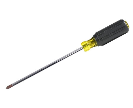 Top-down view of the screwdriver highlighting the textured black handle with the Klein Tools logo molded into the grip.