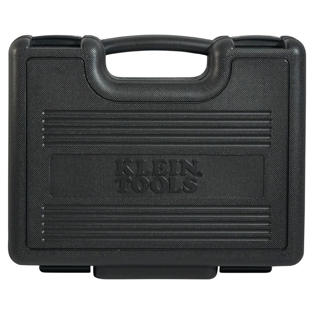 The closed black plastic carrying case for the Klein Tools hole cutter kit, showing the handle and logo.