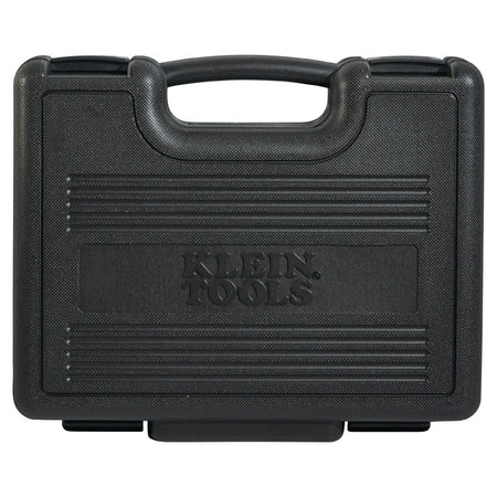 The closed black plastic carrying case for the Klein Tools hole cutter kit, showing the handle and logo.