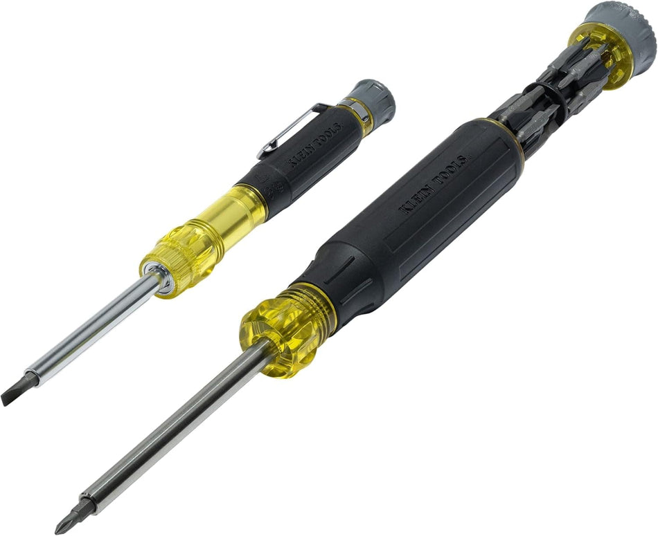 A professional product layout of the Klein Tools 80209 precision multi-bit screwdriver set, showcasing the two included drivers: the 27-in-1 multi-bit driver and the 4-in-1 precision driver, surrounded by double-sided bits, with a callout for its use in Apple product repair.