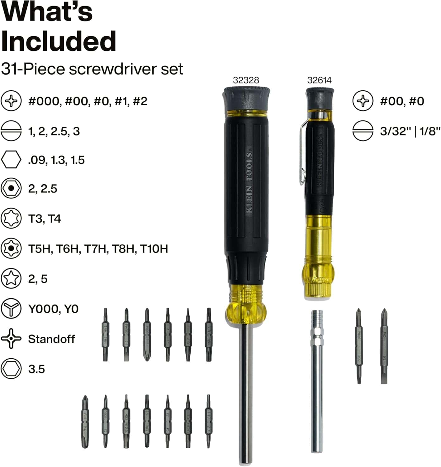 An infographic for the Klein Tools precision set displaying the contents of the 27-in-1 driver: one rare-earth magnetic driver with integrated bit storage and 26 double-sided precision bits optimized for electronics repair.