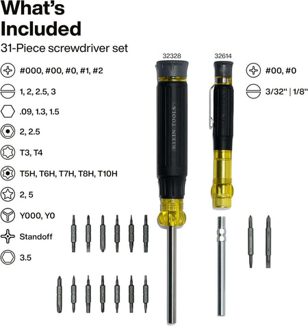 An infographic for the Klein Tools precision set displaying the contents of the 27-in-1 driver: one rare-earth magnetic driver with integrated bit storage and 26 double-sided precision bits optimized for electronics repair.