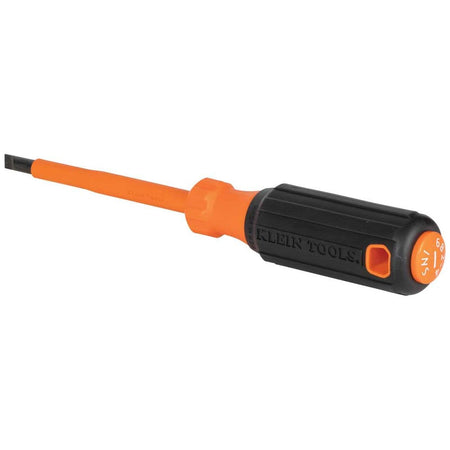 Klein Tools high-torque safety-insulated screwdriver view showcasing a single cabinet slotted tip profile, highlighting a rigid orange impact-resistant insulated round steel shank transitioning into a fluted orange bolster and a black rubberized high-dielectric cushion-grip handle stamped with the brand logo and a labeled anti-roll end cap isolated on a white background.