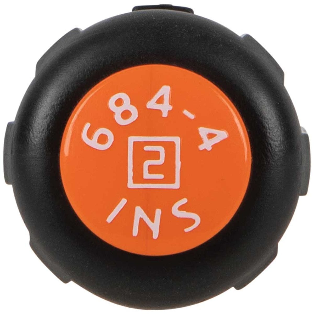 Klein Tools 1000V insulated screwdriver end cap top profile perspective view, showcasing a close-up of a vibrant orange circular handle butt stamped with part number 684-4 and a white square icon inside a box graphic to signify its #2 square drive tip profile orientation and rapid visual identification.