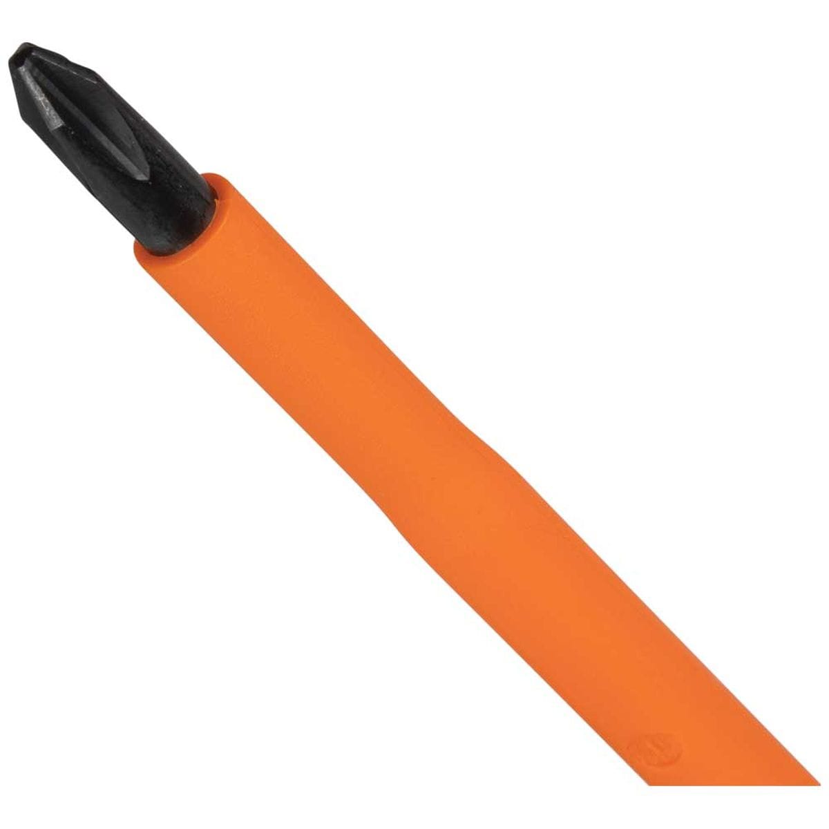 Close-up action view of a high-visibility orange insulated round steel shank transitioning flush into a black alloy steel #2 Phillips drive head tip configuration, engineered to withstand impact and protect users near energized electrical sources isolated on a white background.