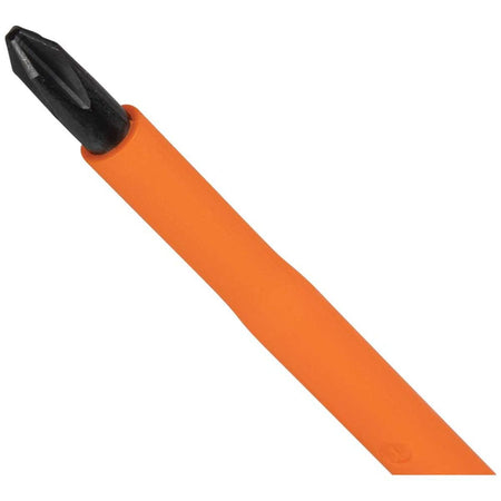 Close-up action view of a high-visibility orange insulated round steel shank transitioning flush into a black alloy steel #2 Phillips drive head tip configuration, engineered to withstand impact and protect users near energized electrical sources isolated on a white background.