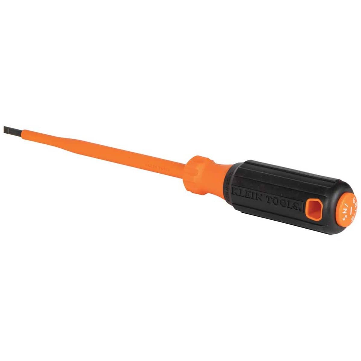 Klein Tools heavy-duty 1000-volt insulated screwdriver view displaying a single cabinet slotted tip profile, highlighting a rigid orange impact-resistant insulated round steel shank transitioning into an orange collar and a black rubberized high-torque cushion-grip handle stamped with the brand logo and a labeled anti-roll end cap isolated on a white background.