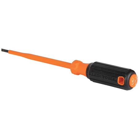 Klein Tools heavy-duty 1000-volt insulated screwdriver view displaying a single cabinet slotted tip profile, highlighting a rigid orange impact-resistant insulated round steel shank transitioning into an orange collar and a black rubberized high-torque cushion-grip handle stamped with the brand logo and a labeled anti-roll end cap isolated on a white background.