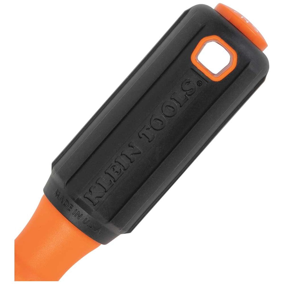 Klein Tools insulated tool series handle close-up view focusing on the ergonomic black rubberized cushion-grip overmold sleeve, highlighting the embossed brand name logo layout, integrated anti-roll structural ridges, an orange high-dielectric plastic transition neck, and a molded safety lanyard tether hole slot on a white background.