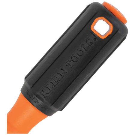 Klein Tools insulated tool series handle close-up view focusing on the ergonomic black rubberized cushion-grip overmold sleeve, highlighting the embossed brand name logo layout, integrated anti-roll structural ridges, an orange high-dielectric plastic transition neck, and a molded safety lanyard tether hole slot on a white background.