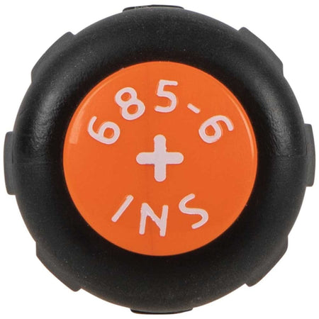 Klein Tools 1000V insulated screwdriver end cap top profile perspective view, showcasing a close-up of a vibrant orange circular handle butt stamped with part number 685-6 and a white plus symbol cross graphic to signify its #2 Phillips tip profile orientation and rapid visual identification.