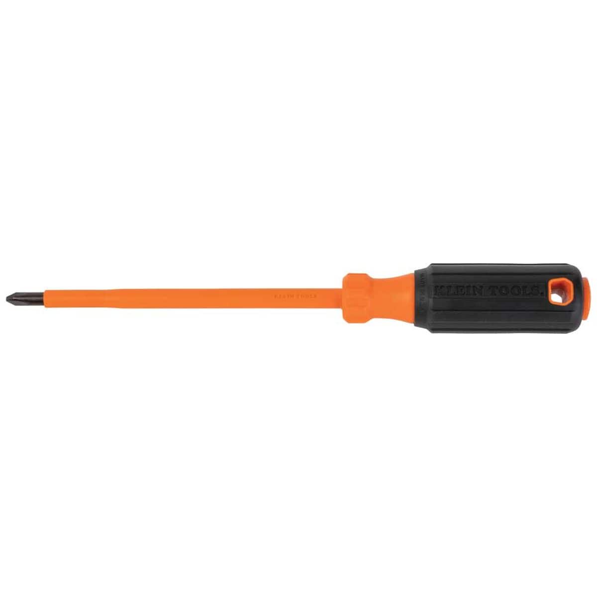 Klein Tools heavy-duty shock protection insulated screwdriver full horizontal layout, featuring a finely machined black alloy steel tip face integrated flush with an orange dual-layer insulated structural round shank, a rubberized black cushion-grip handle, and an integrated trailing safety lanyard anchor hole isolated on a white background.