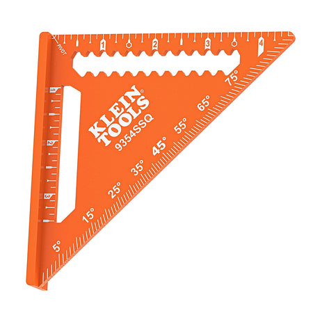 A studio product shot of the Klein Tools 9354SSQ 4-1/2-inch aluminum trim square, featuring high-contrast double laser-etched markings on a high-visibility orange anodized finish with integrated scribe notches and a 90-degree angle guide.