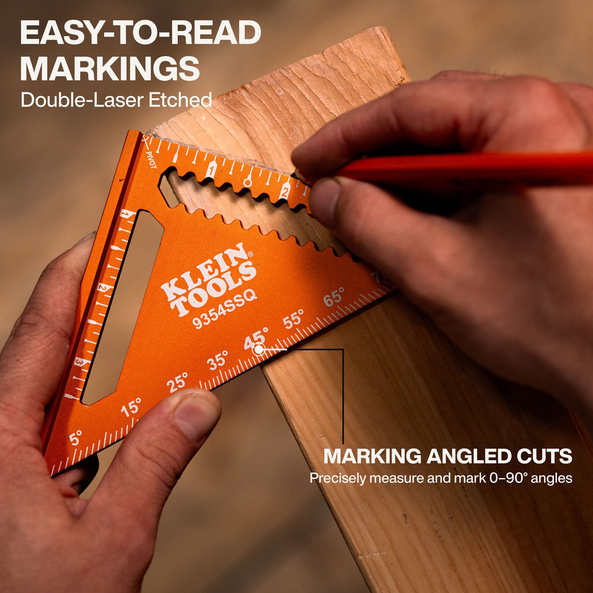 An application shot showing the professional trim square being used to mark angled cuts on a wooden rafter, demonstrating the easy-to-read markings and the ability to precisely measure and mark 0 to 90-degree angles.