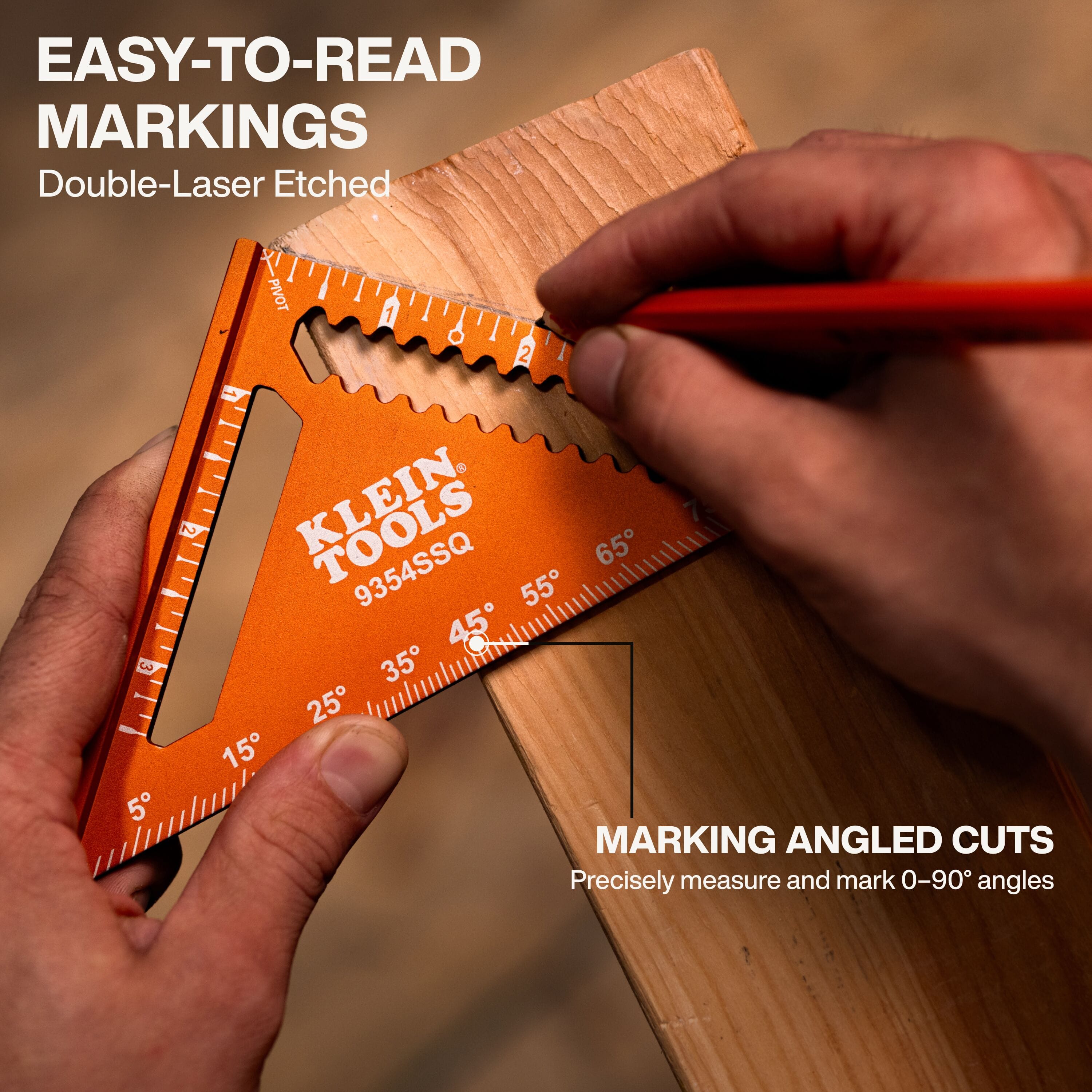 An application shot showing the professional trim square being used to mark angled cuts on a wooden rafter, demonstrating the easy-to-read markings and the ability to precisely measure and mark 0 to 90-degree angles.