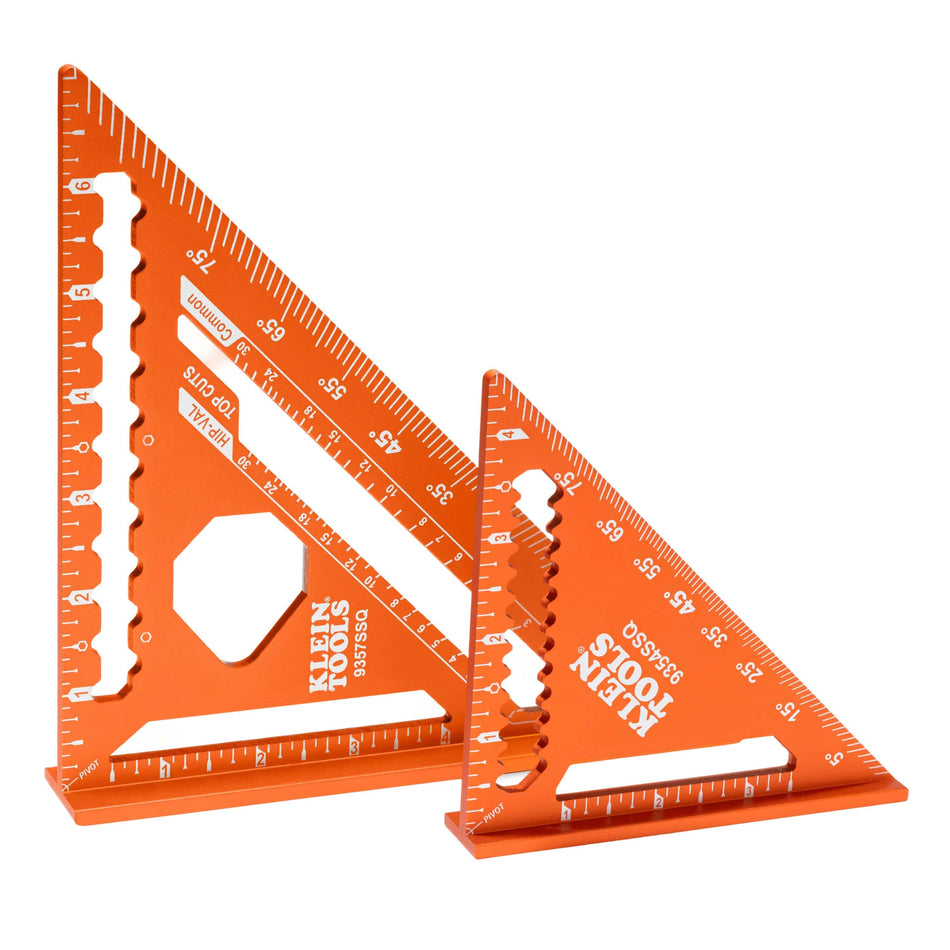 A high-angle product shot of the Klein Tools 2-piece square set, featuring the 4.5-inch trim square and the 7-inch rafter square, both constructed from durable aluminum with a high-visibility orange anodized finish and laser-etched markings.