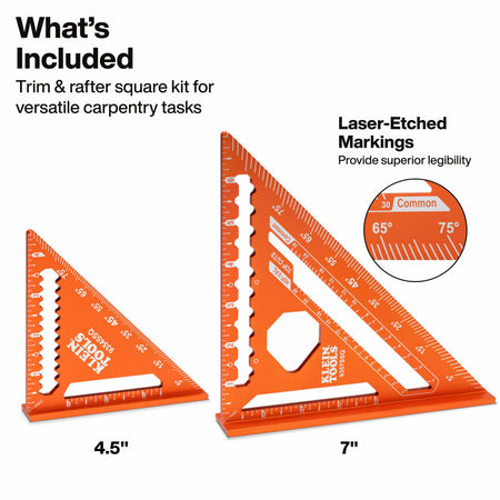 An infographic showcasing the contents of the Klein Tools trim and rafter square kit, highlighting the laser-etched markings for superior legibility and the specialized orange coating designed for professional jobsite visibility.