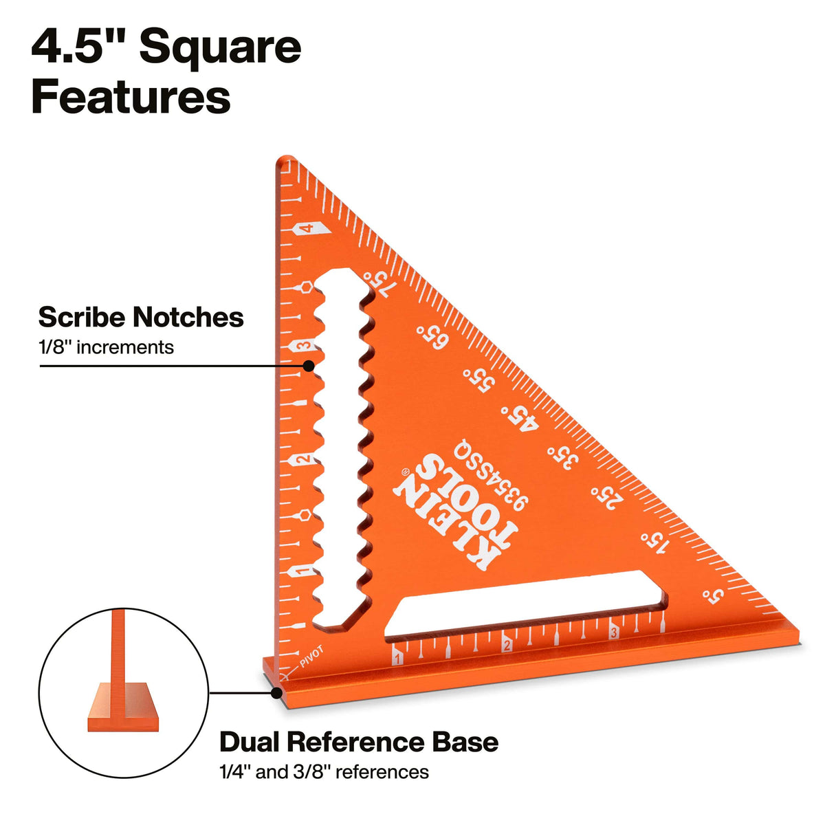 A technical graphic of the 4.5-inch Klein Tools trim square, highlighting the precision scribe notches at 1/8-inch increments and the specialized dual reference base with 1/4-inch and 3/8-inch markings for finish carpentry.